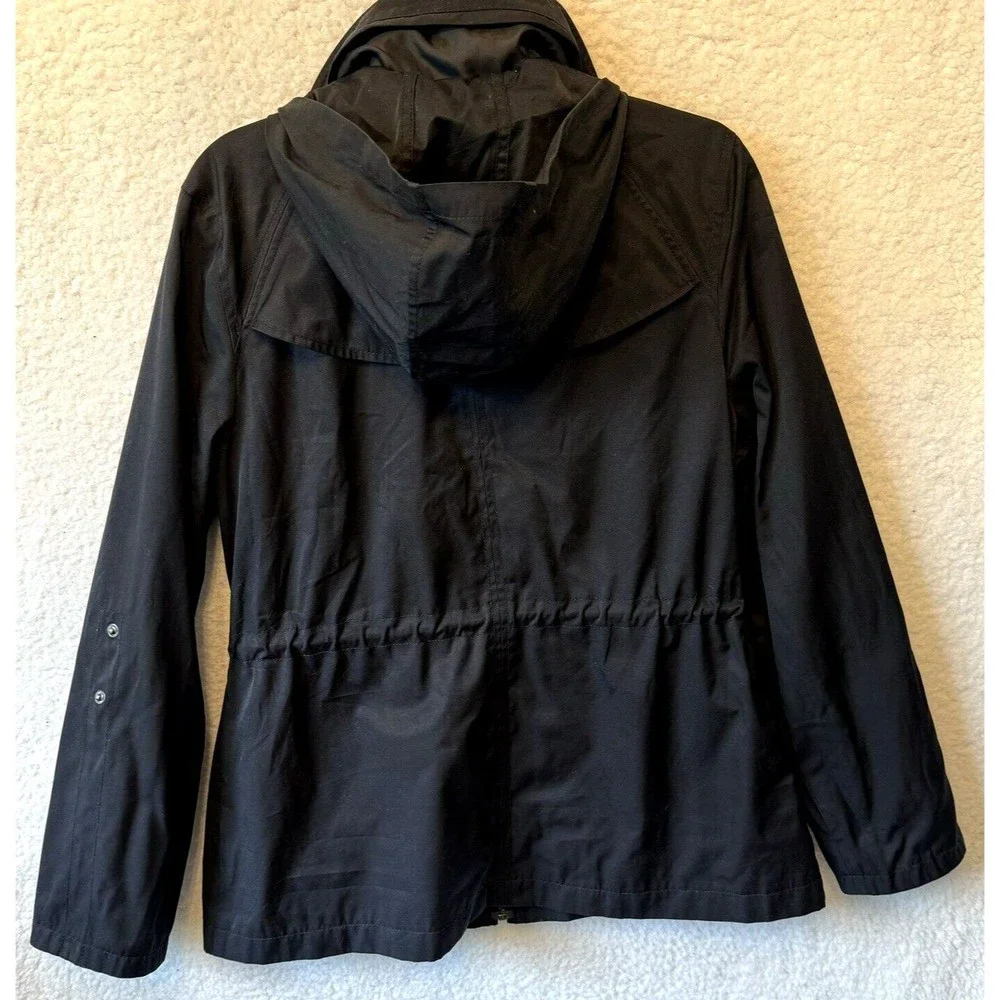 INC International Concepts Jacket Womens Large Black Windbreaker Raincoat Hooded